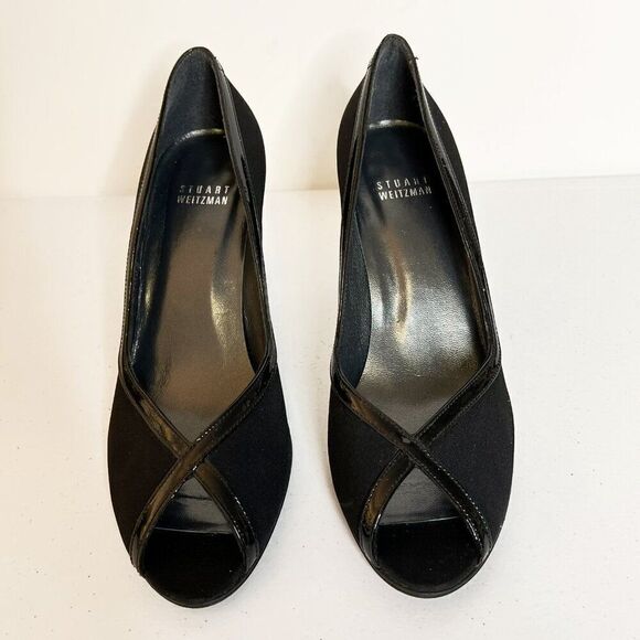 Stuart Weitzman Black Peep Toe Pumps with Patent Leather Trim Detail - Picture 3 of 7